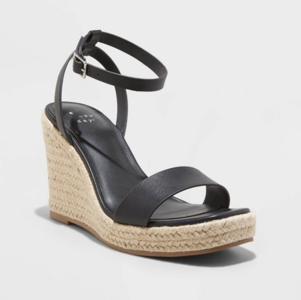 Black Wedge Espadrille Sandals with Ankle Strap